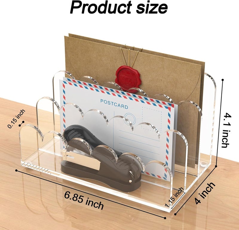 YAGELI 2 Pack 3-Slot Acrylic Mail Organizer for Desktop – Scalloped Clear Document Sorter, Vertical File Holder for Office/Home, Space-Saving Desk Organizer for Letters,Envelope,Bills,Stationery - Image 2